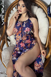 "Floral Elegance: Sleeveless Lounge Dress with Side Slit"